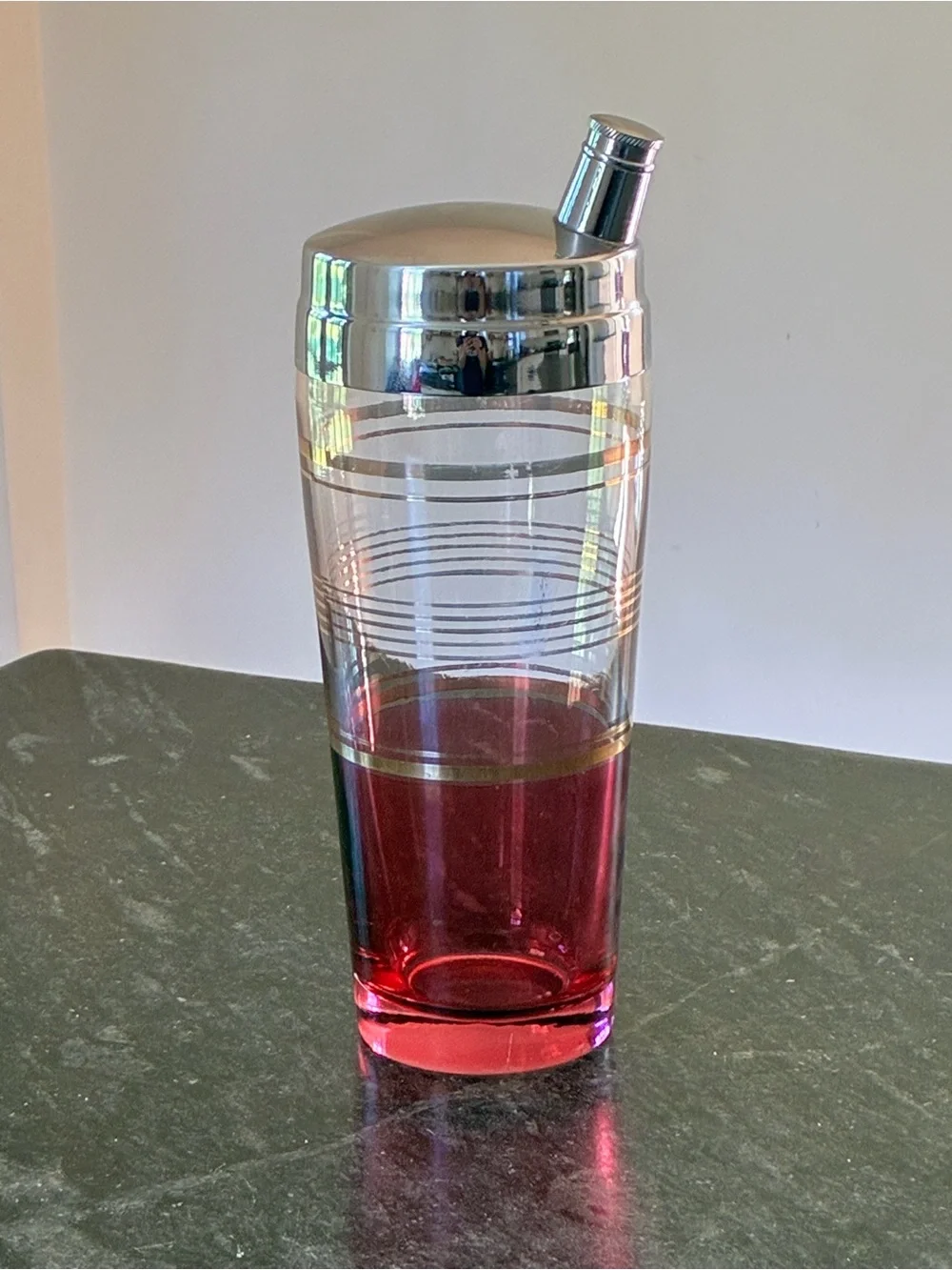 Vintage 1930s Art Deco Glass Cocktail Shaker Derby Shelton Silver Co Ruby Red